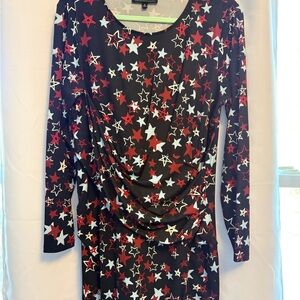 Eloquii Red and White Star Long Sleeve Body Con Dress with Ruching at Waist Line